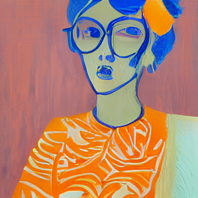 Studentessa triste con occhiali e vestito arancione nello stile di Matisse (generato da DALL·E Mini)